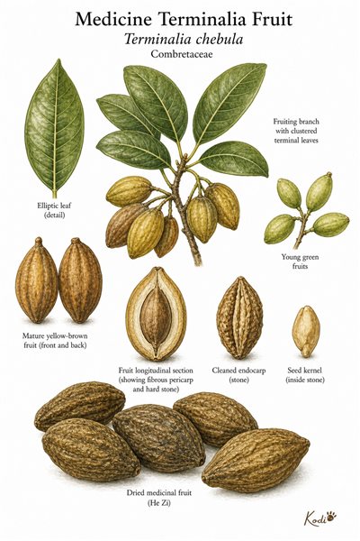 Botanical illustration of Medicine Terminalia Fruit, Terminalia chebula, showing ridged fruits, leafed branch, dried He Zi material, and diagnostic plant details.
