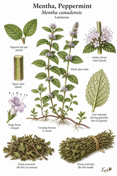 Botanical illustration of Mentha, Peppermint, Mentha canadensis, showing flowering mint stems, leaves, runners, dried Bo He herb, and diagnostic plant details.